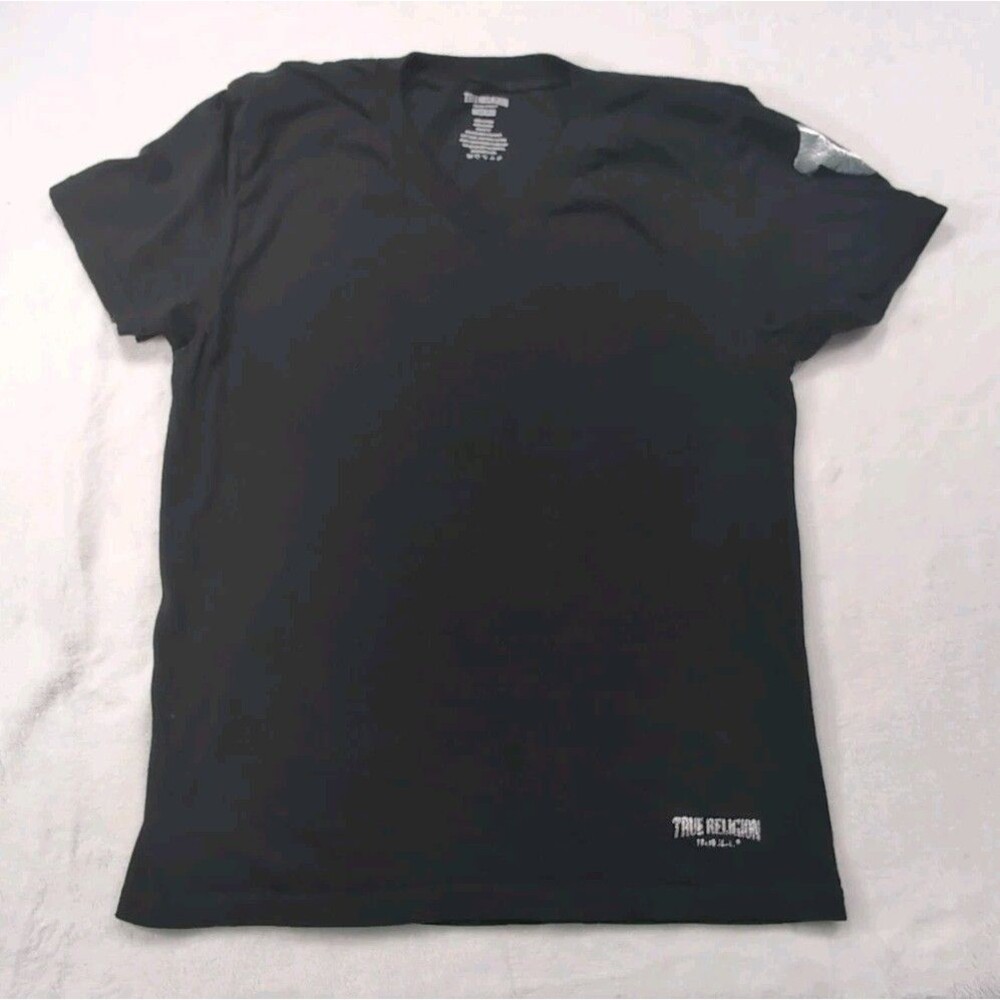 Men’s True Religion T-Shirt Sz Medium M Black V-Neck Tee Soft Silver Logos